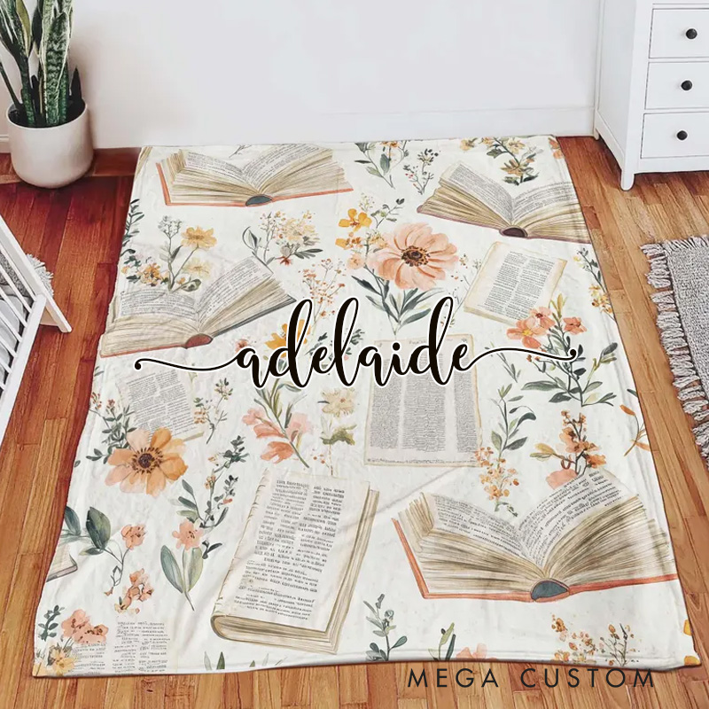 Personalized Vintage Library Throw Blanket with Name Custom Boho Wildflowers Bookish Blanket Book Lover Gift Librarian Gift
