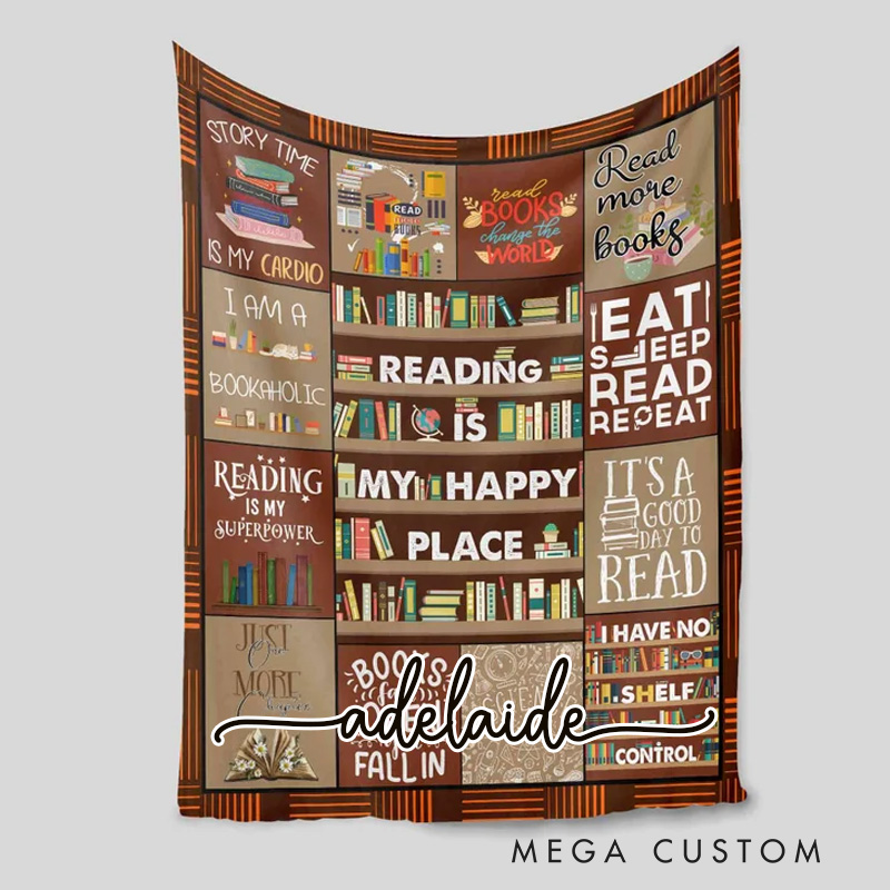 Personalized Reading is My Happy Place Throw Blanket Custom Bookish Blanket with Name Books Reading Blanket Book Lover Gift Librarian Gift