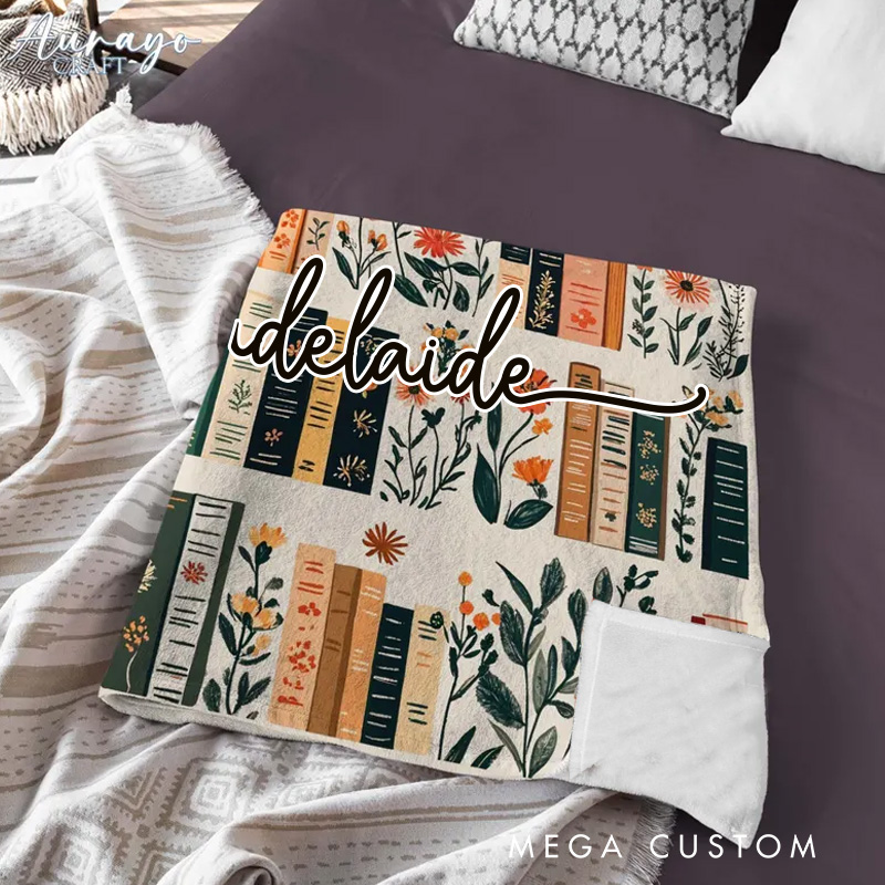 Personalized Vintage Bookshelf Library Throw Blanket Custom Boho Wildflowers Bookish Quilt with Name Book Lover Gift Librarian Gift