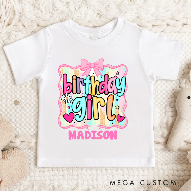 Personalized Birthday Girl Kids T-Shirt with Bright Colors and Fun Bow Design for Celebratory Style