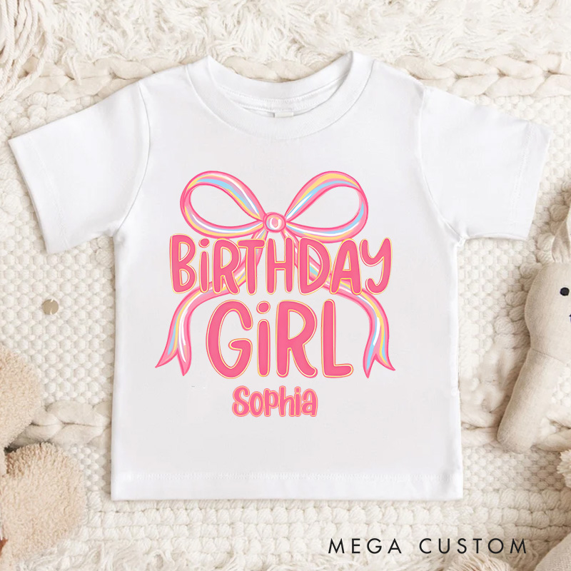 Personalized Birthday Girl Kids T-Shirt with Pink Bow and Bold Lettering for a Stylish Celebration