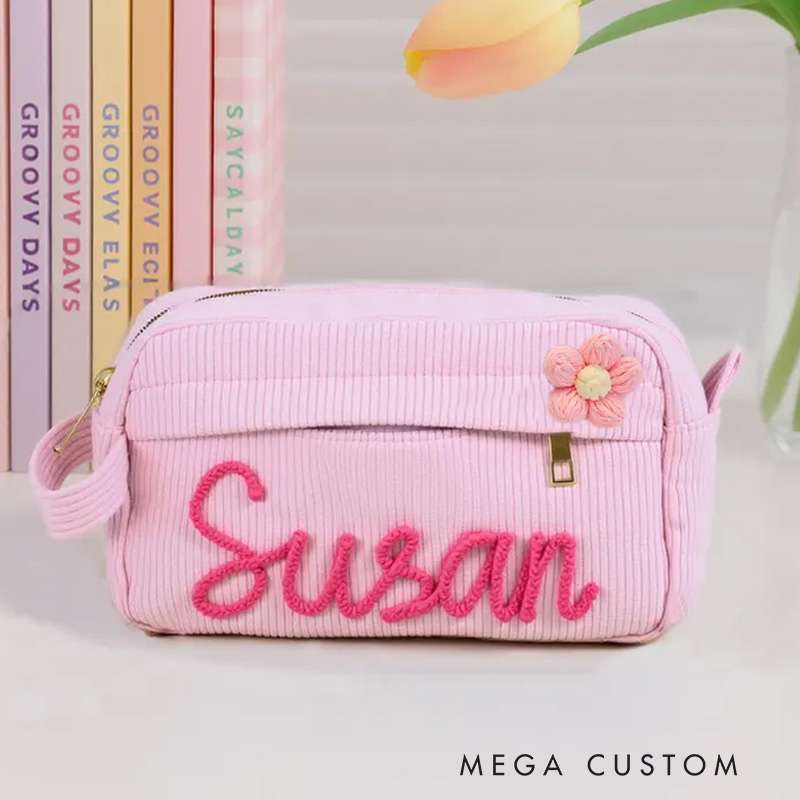 Personalized Yarn Name Pencil Case Crochet Flower Detail Back to School Gift