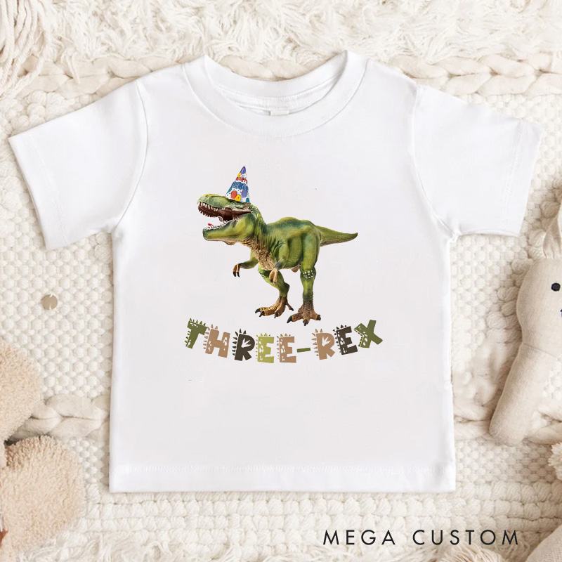 Personalized Dino Explorer Kids Birthday T-Shirt with Dinosaur Graphic and Name for Little Adventurers Birthday Gift