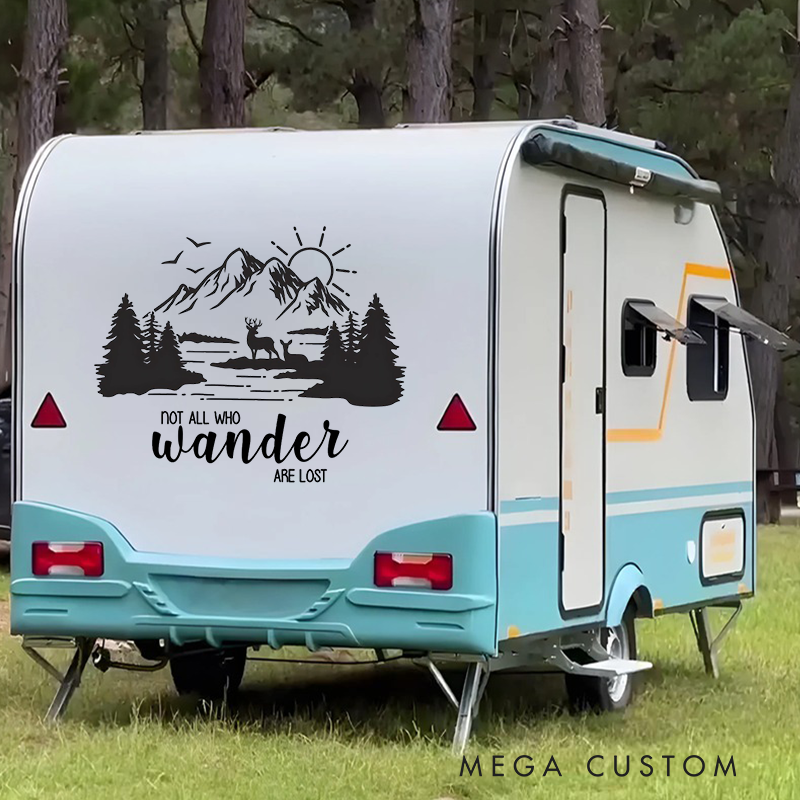 Personalized Camper Decal Mountain Deer Scene Not All Who Wander Are Lost Rv Decal Glamping Window Sticker Gift for Outdoor Adventure Enthusiasts