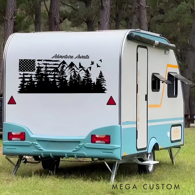 Personalized Camper Rv Decal Custom American Flag Decal Adventure Awaits Sticker Rv Graphic Camper Sticker Gift for Outdoor Enthusiasts