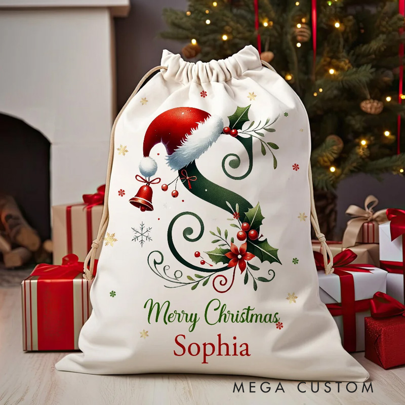 Personalized Bell Santa Hat Initial Drawstring Canvas Gift Bag with Name Text Christmas Party Gift 