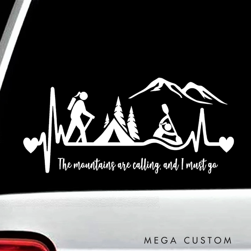 Personalized Hiker Girl Camping Tent Kayak Heartbeat Decal Sticker for Car Window Gift for Outdoor Adventure Lover