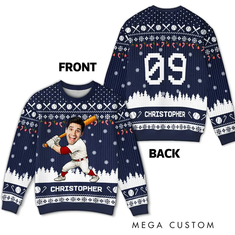 Personalized Baseball Christmas Ugly Sweatershirt with Custom Face and Name  