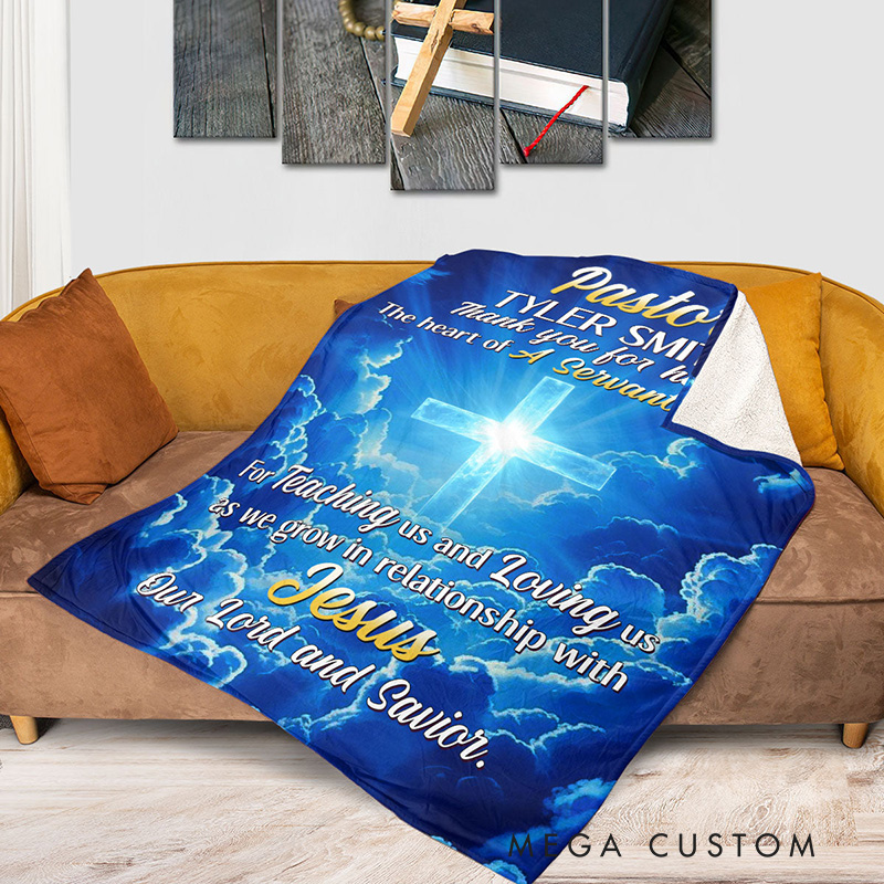 Personalized Thank You Pastor Soft Throw Blanket with Name Home Decor Blue Skies Clouds Cross Blanket Religious Appreciation Gift for Pastor