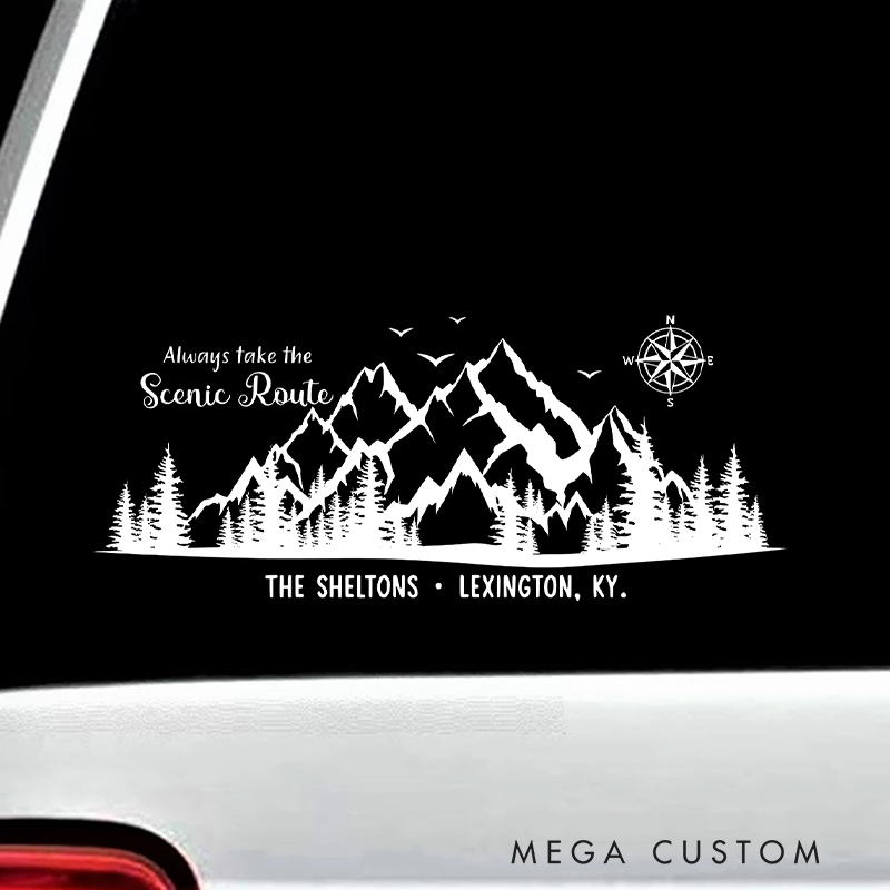Personalized Scenic Route Mountain Rv Decal Camper Decor with Compass Gift for Outdoor Adventure Lover