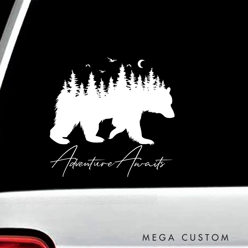 Personalized Adventure Awaits Car Decal Bear and Forest Silhouette Decal for Outdoor Adventure Hiking Lover
