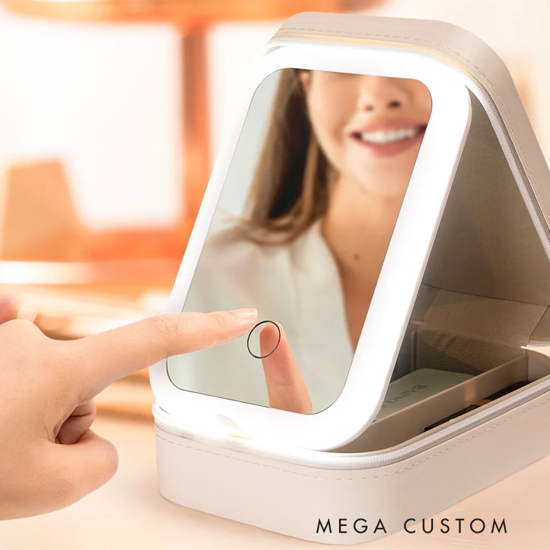 Personalized Cartoon Character Leather Jewelry Box with Birth Flower and LED Light Makeup Mirror Travel Essential Birthday Gift