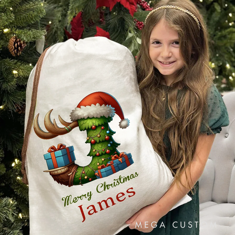 Personalized Christmas Tree Snowman Elf Igloo Drawstring Canvas Gift Bag with Name Initial Christmas Party Favors Gift