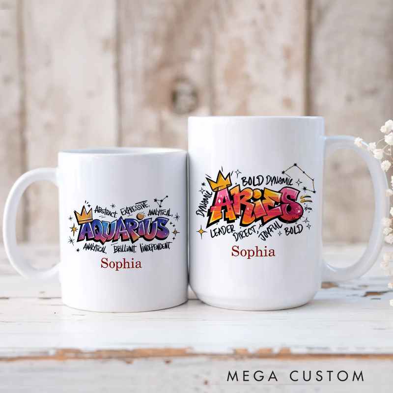 Personalized Zodiac Sign Mug Custom Graffiti Style Horoscope Coffee Cup Custom Astrology Gift Custom Zodiac Mug With Name