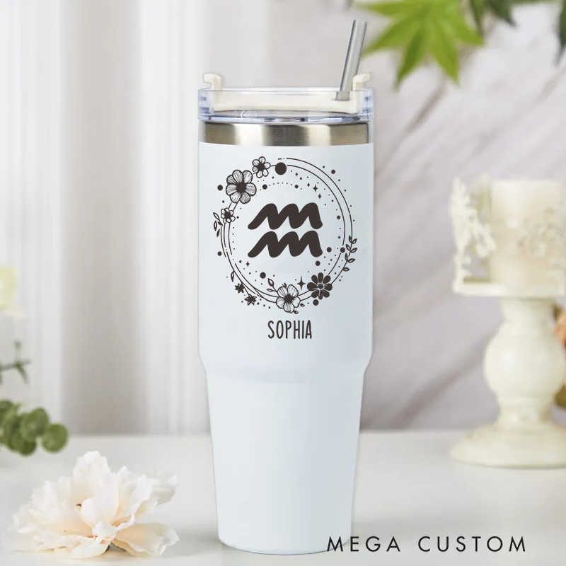 Personalized Stainless Steel Cup with Straw Custom Insulated Tumbler With Zodiac Signs Custom Insulated Tumbler With Name Birthday Gift