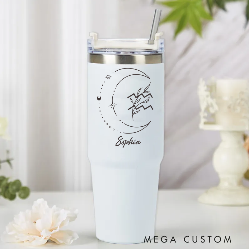 Personalized Stainless Steel Cup with Straw Custom Insulated Tumbler With Zodiac Signs Custom Insulated Tumbler With Name Birthday Gift