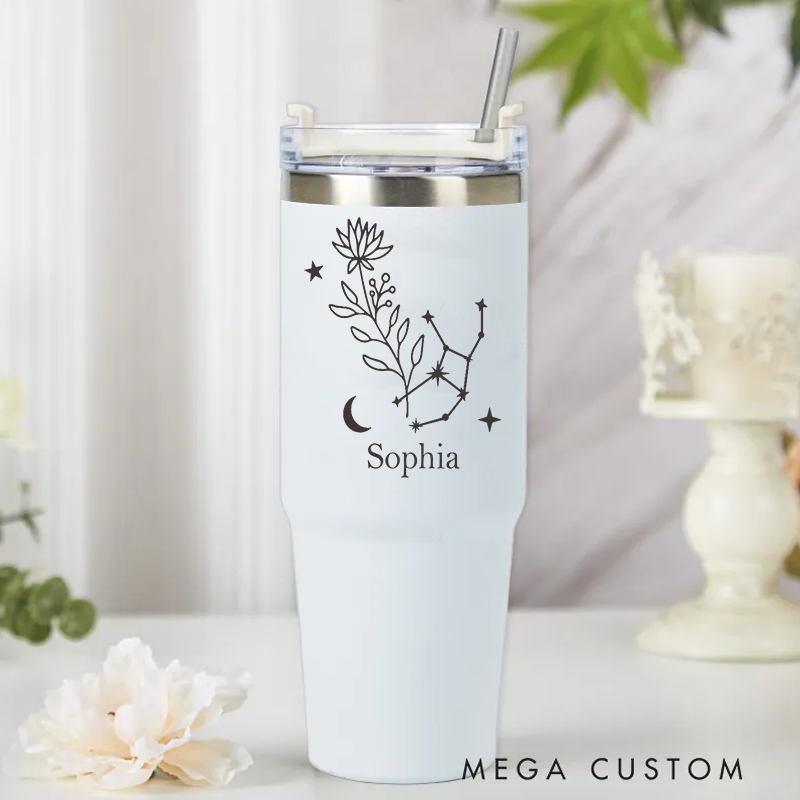 Personalized Stainless Steel Cup with Straw Custom Insulated Tumbler With Zodiac Signs Custom Insulated Tumbler With Name Birthday Gift