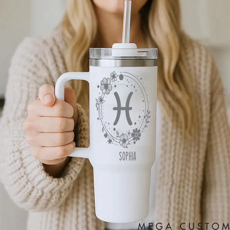 Personalized Stainless Steel Cup with Straw Custom Insulated Tumbler With Zodiac Signs Custom Stainless Steel Cup with Name