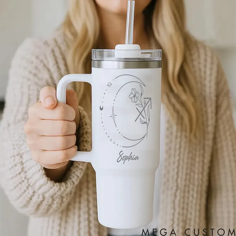 Personalized Stainless Steel Cup with Straw Custom Insulated Tumbler With Zodiac Signs Custom Stainless Steel Cup with Name