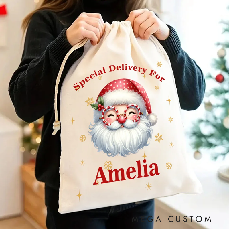 Personalized Cute Cartoon Santa Claus Star Drawstring Gift Bag with Name and Text Christmas Gift 