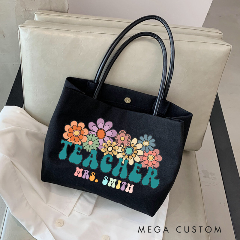 Personalized Teacher Canvas Tote Bag Flower Teacher Design Appreciation Gift for Teachers
