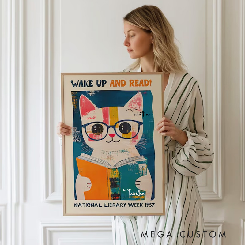 Personalized Wake Up and Read Print with Name National Library Wall Art Cat Reading Poster Book Lover Office Home Decor Book Lover Gift