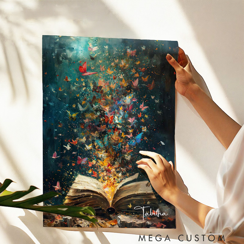 Personalized Book Art Print with Name Reading Painting Print Cat Reading Wall Art Librarian Bookish Gift Book Lover Gift