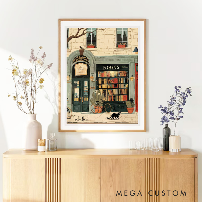 Personalized Bookstore Wall Print with Name Cozy Bookshop Illustration Wall Art Library Wall Decor Reading Nook Poster Book Lover Gift