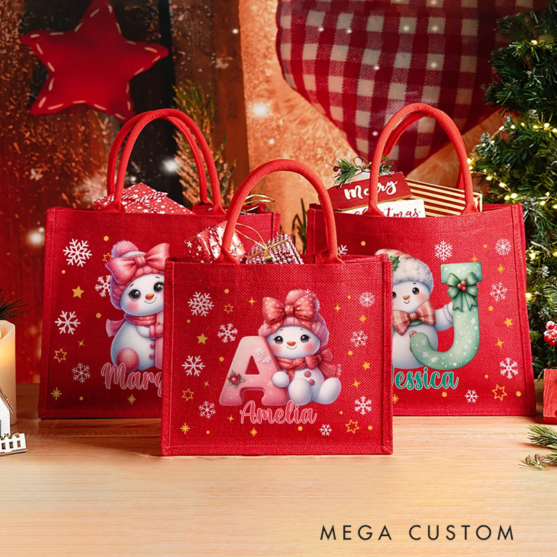 Personalized Cute Cartoon Snowman Large Jute Tote Bag with Name and Initial Party Favors Christmas Gift