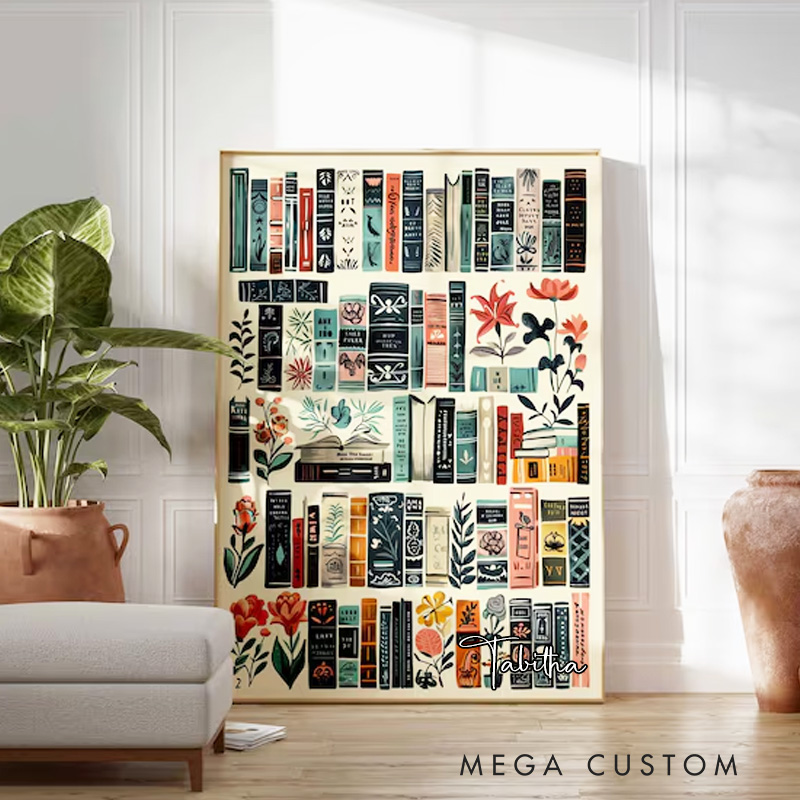 Personalized Vintage Library Wall Art with Name Book Flower Art Reading Poster Decor Retro Library Wall Art Book Lover Gift Bookish Gift