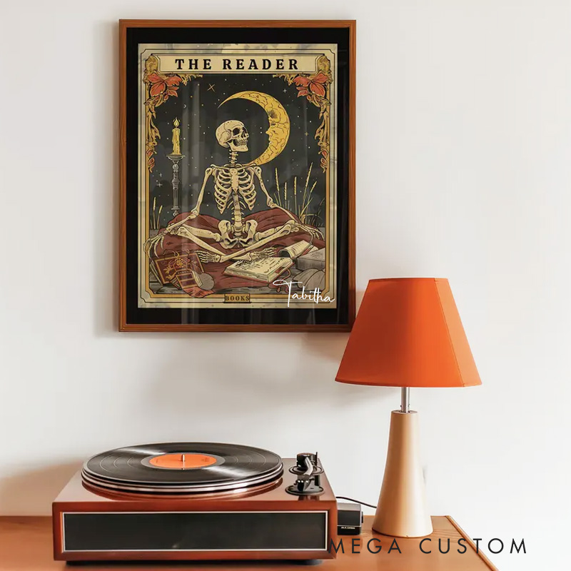 Personalized the Reader Tarot Print with Name Skeleton Reader Tarot Card Wall Art Witchy Reading Nook Art Book Lover Gift Bookish Gift