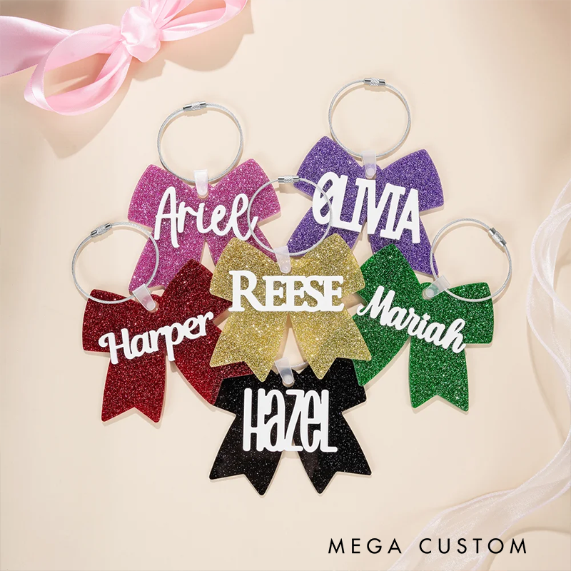 Personalized Cheerleading Glitter Bow Keychains with Custom Name Design