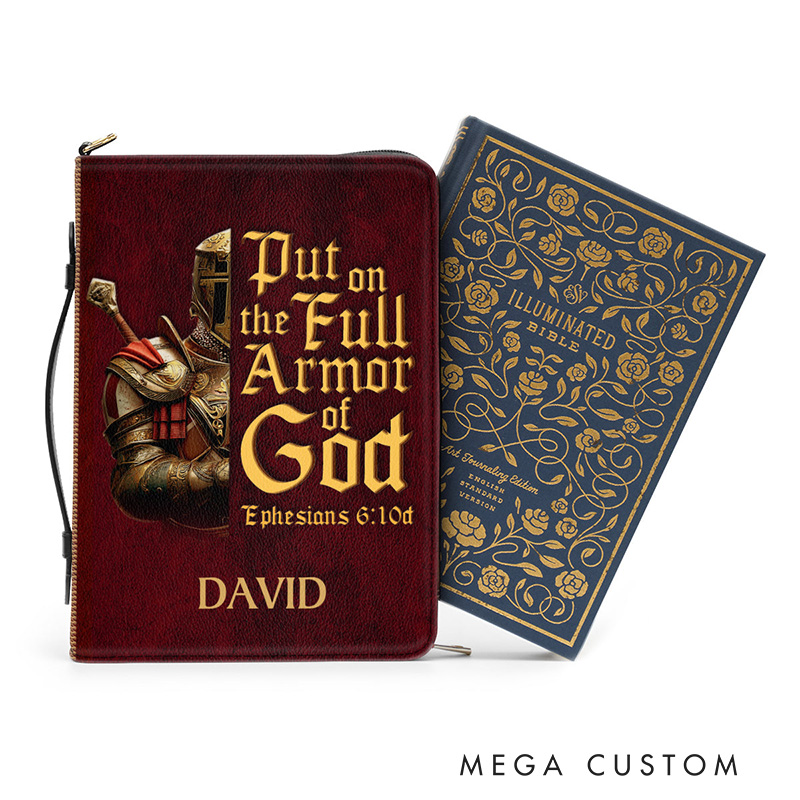 Personalized Full Armor of God Bible Verse PU Leather Bible Cover Case with Name and Carry Handle Ephesians 6:10 Religious Gift God Gift
