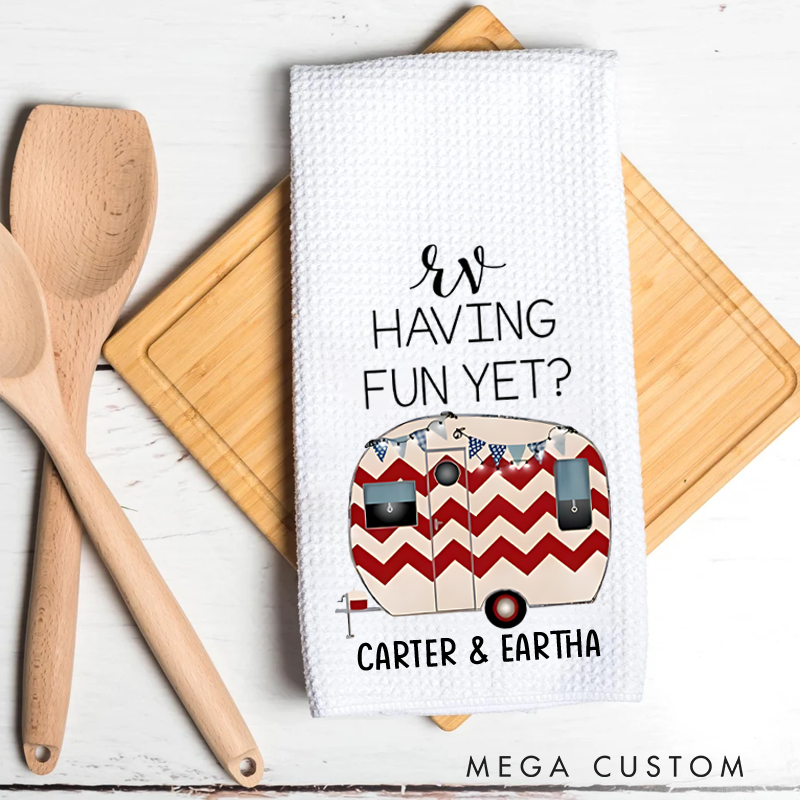 Personalized Rv Having Fun yet Camper Kitchen Towel Custom Funny Kitchen Towel Gift for Camper Rv Lover