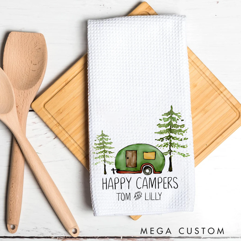 Personalized Happy Campers Kitchen Towel Custom Funny Motor Home Decor Towels Gift for Camper Rv Lover