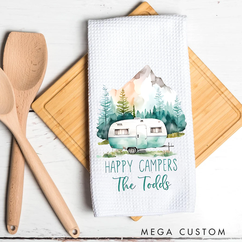 Personalized Happy Campers Kitchen Towel Custom Camping Rv Dish Towel Camper Decor Gift for Camper Lover