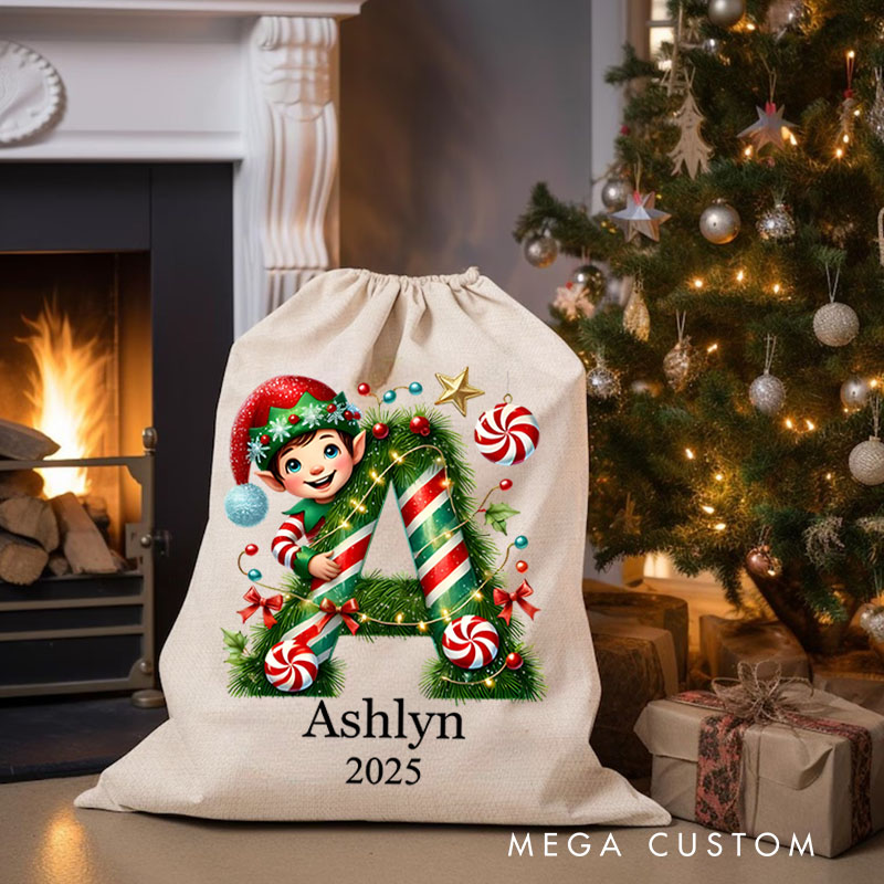 Personalized Festive Initial Christmas Bag with Candy Cane and Elf Design Featuring Name and Year for Holiday Joy