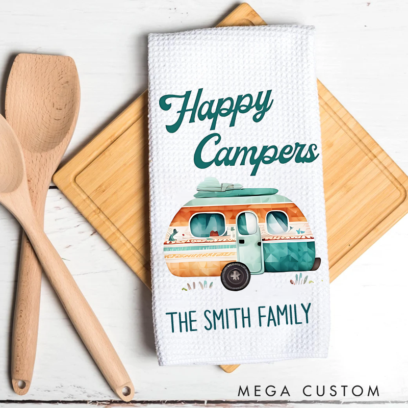 Personalized Happy Campers Watercolor Camp Dish Towel Camping Rv Travel Trailer Kitchen Towel Gift for Camper Lover