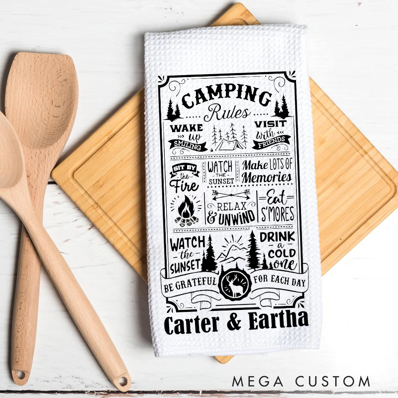 Personalized Camping Rules Sayings Funny Dish Towel Tea Towel Camper Kitchen Decor Gift for Camper Lover