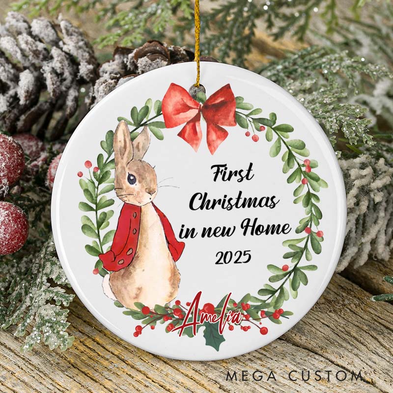 Personalized First Christmas in New Home Ornament 2025 Bunny and Wreath Design Custom Christmas Decoration for New Homeowners Holiday Gift Keepsake