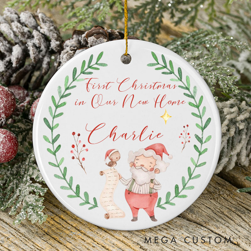 Personalized First Christmas in Our New Home Ornament 2025 Santa and Wreath Design Custom Holiday Decoration for New Homeowners Christmas Keepsake Gift