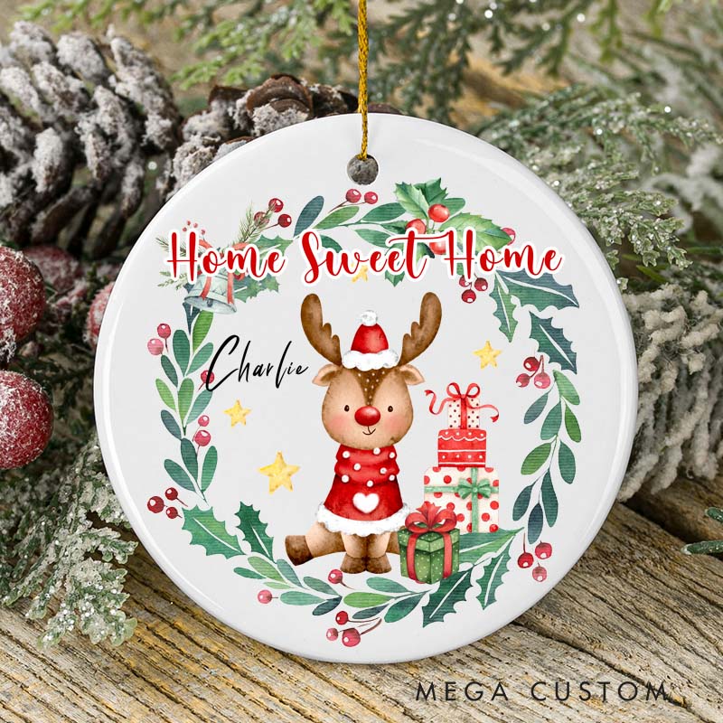 Personalized Home Sweet Home Christmas Ornament 2025 Reindeer and Wreath Design Custom Holiday Decoration for New Homeowners Festive Keepsake Gift