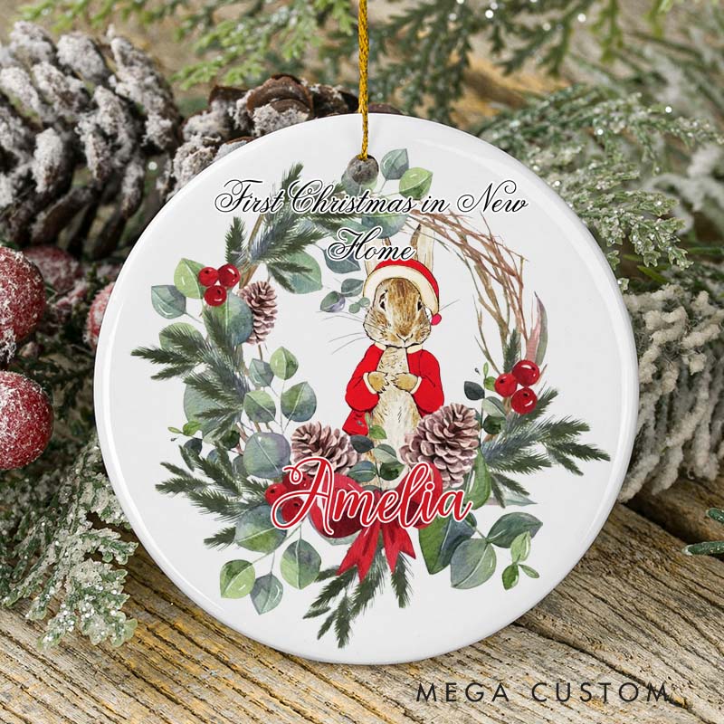 Personalized First Christmas in New Home Ornament 2025 Bunny and Pine Wreath Design Custom Holiday Decoration for New Homeowners Festive Keepsake Gift