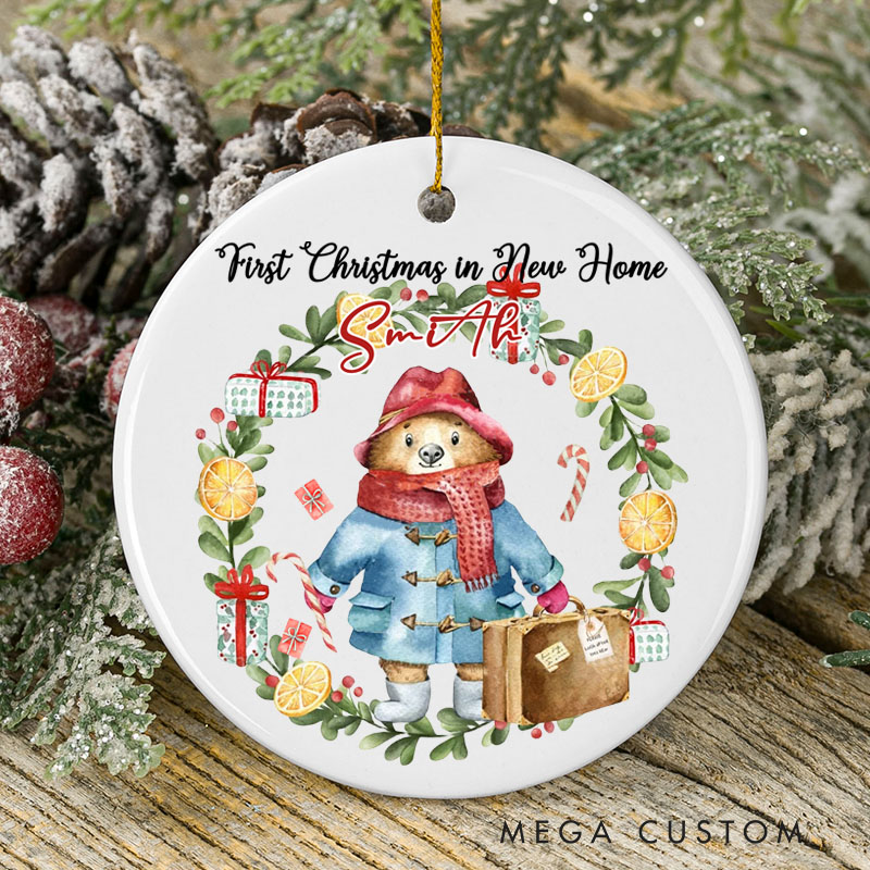 Personalized First Christmas in New Home Ornament 2025 Bear and Wreath Design Custom Holiday Decoration for New Homeowners Festive Keepsake Gift
