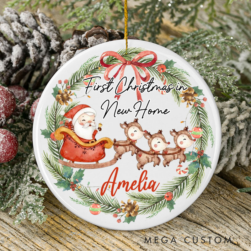 Personalized First Christmas in New Home Ornament 2025 Santa Sleigh and Reindeer Wreath Design Custom Holiday Decoration for New Homeowners Keepsake Gift