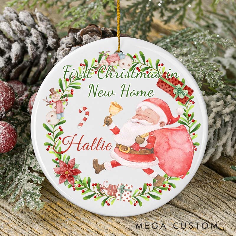 Personalized First Christmas in New Home Ornament 2025 Santa and Gift Bag Wreath Design Custom Holiday Decoration for New Homeowners Festive Keepsake Gift