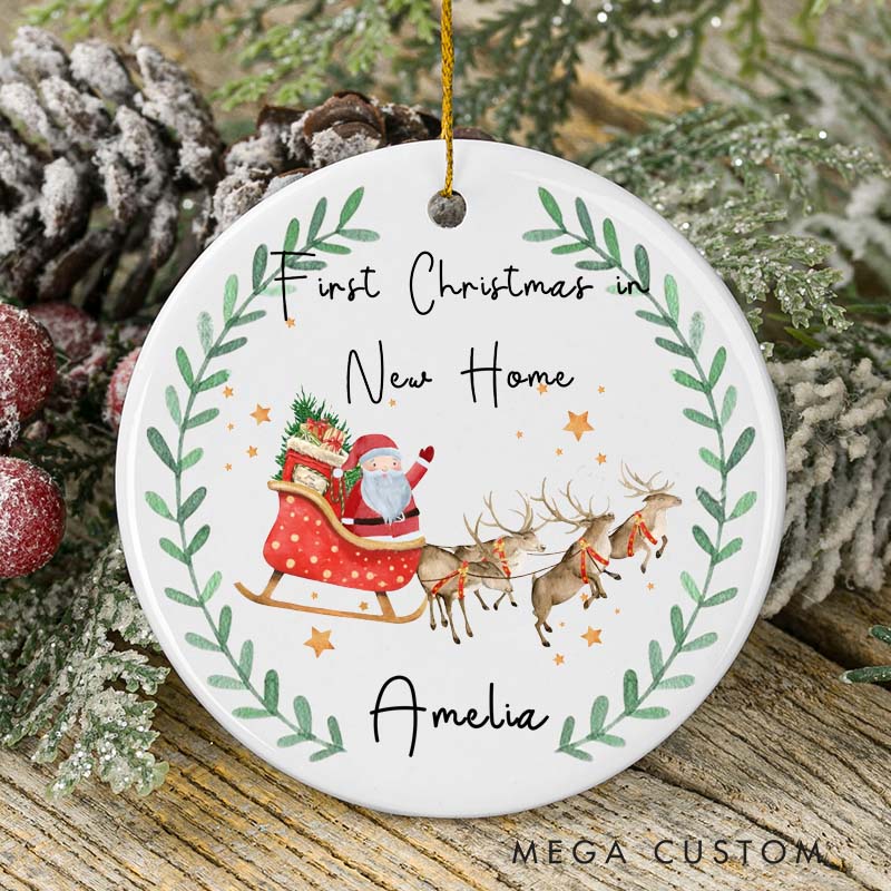 Personalized First Christmas in New Home Ornament 2025 Santa Sleigh and Reindeer Wreath Design Custom Holiday Decoration for New Homeowners Keepsake Gift