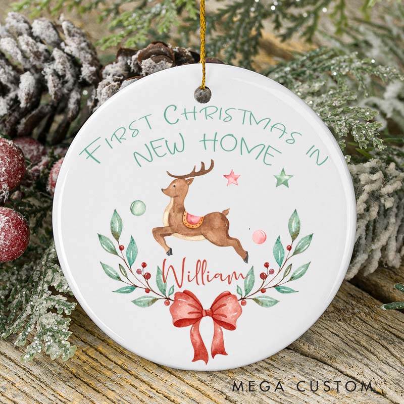 Personalized First Christmas in New Home Ornament 2025 Reindeer and Bow Wreath Design Custom Holiday Decoration for New Homeowners Festive Keepsake Gift