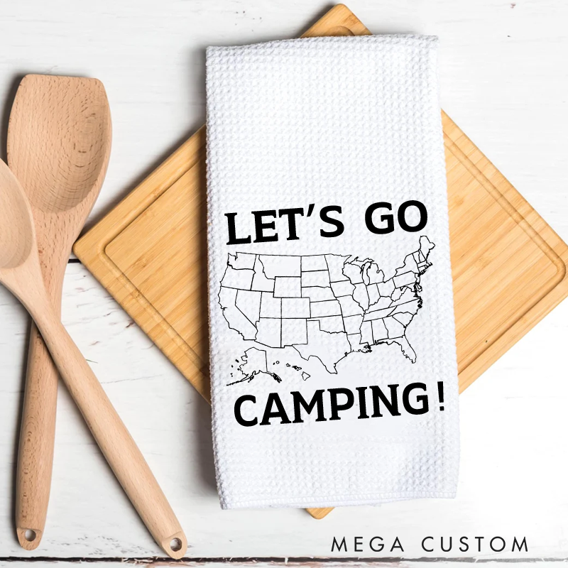 Personalized Let's Go Camping Tea Towel Adventure Camper Decor United States Map Towel Customizable Kitchen Camp Gift