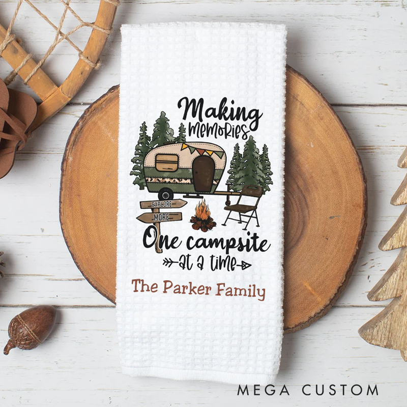 Personalized Making Memories One Campsite at a Time Camper Kitchen Towel Custom Customizable Kitchen Camp Gift